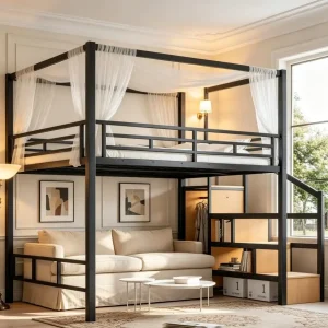 Queen loft Bed, Storage Stair & lounge area