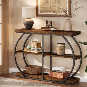 Beautifully Designed Console Table, with Arched Metal Frame and Wooden Shelves.
